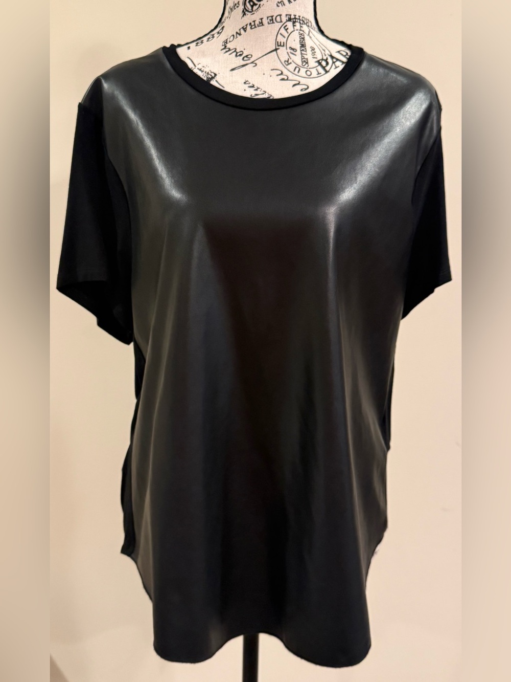 Another Love Black Faux-Leather Front Short Sleeve Top